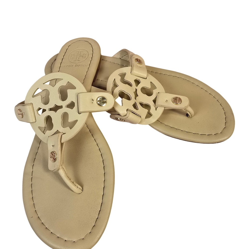 Tory Burch Miller Cloud Sand Leather Thong Logo Medallion Sandals Gold Hardware